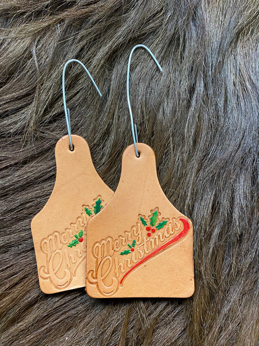 Merry Christmas Leather Ornament (Round or Cow Tag)