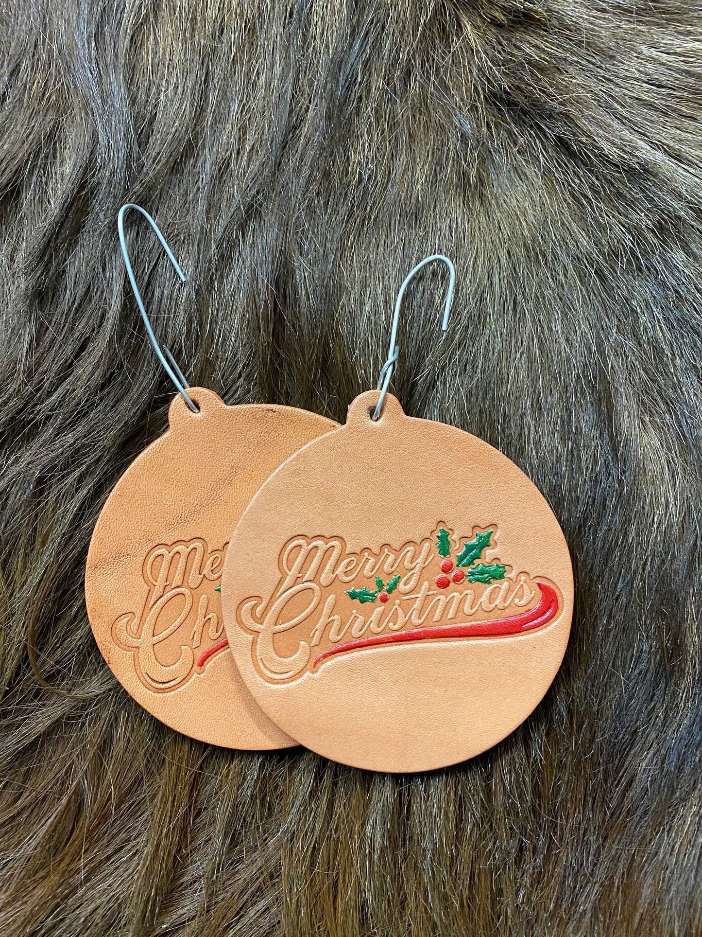Merry Christmas Leather Ornament (Round or Cow Tag)